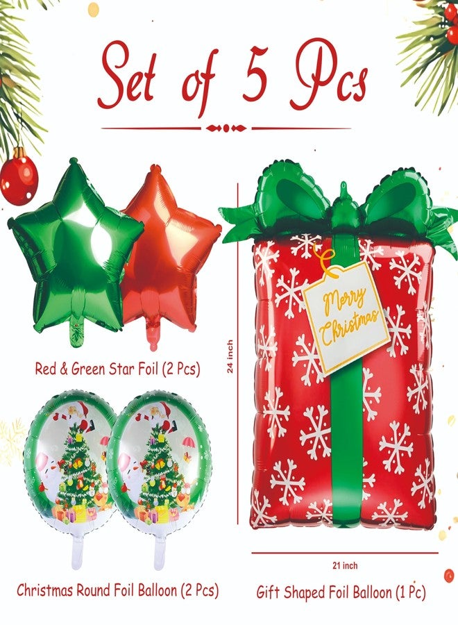 YOURS DECOR Christmas theme foil balloons set, pak of 5 pcs for chrsitmas decoration, santa theme decor, Xmas celebration, home decoration items (Red Green Gift shaped Foil) - Image 2